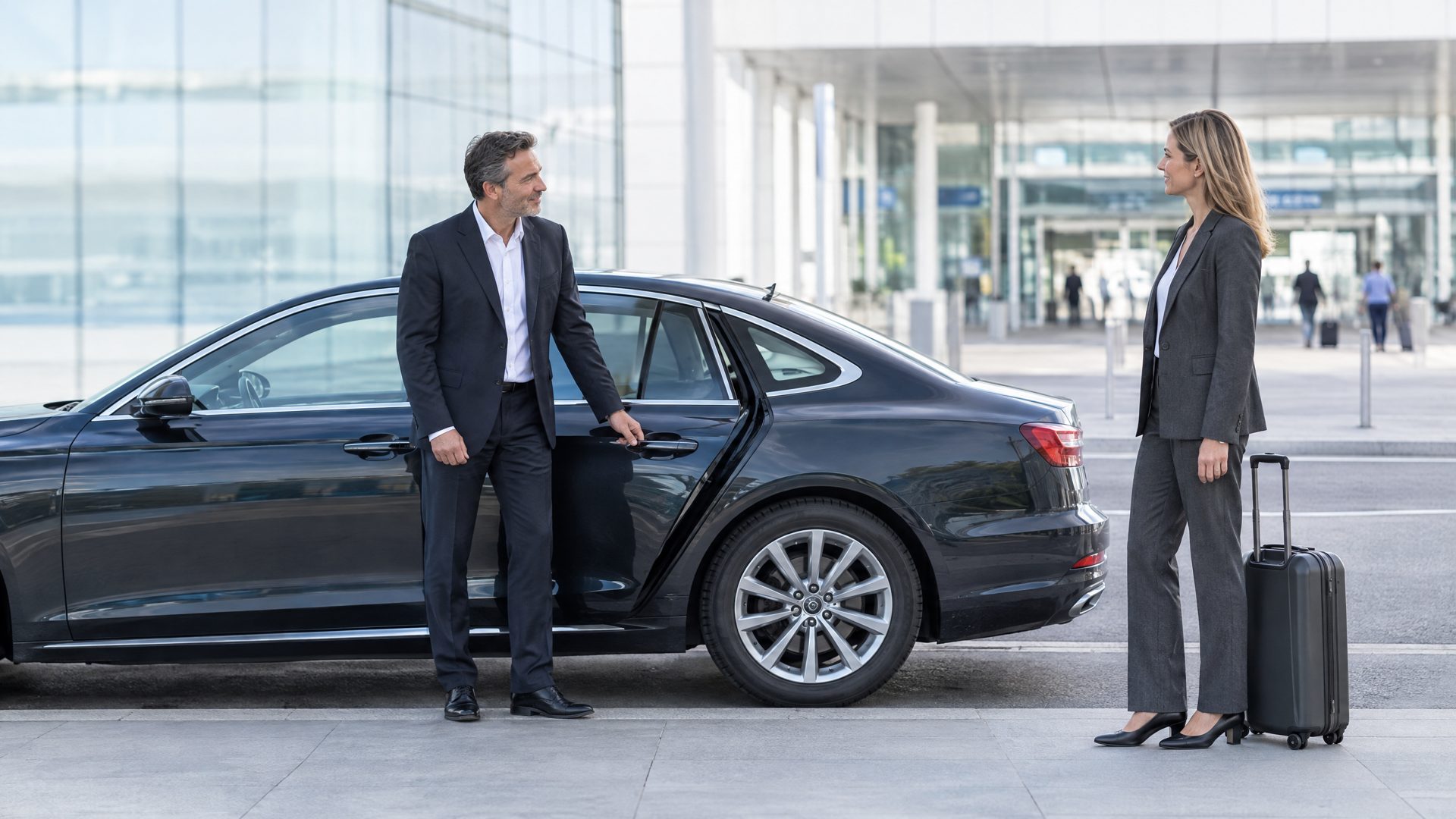 Fahrer im dunklen Anzug begrüßt eine Geschäftsreisende mit Rollkoffer neben einer dunklen Business-Limousine am Flughafen-Terminal